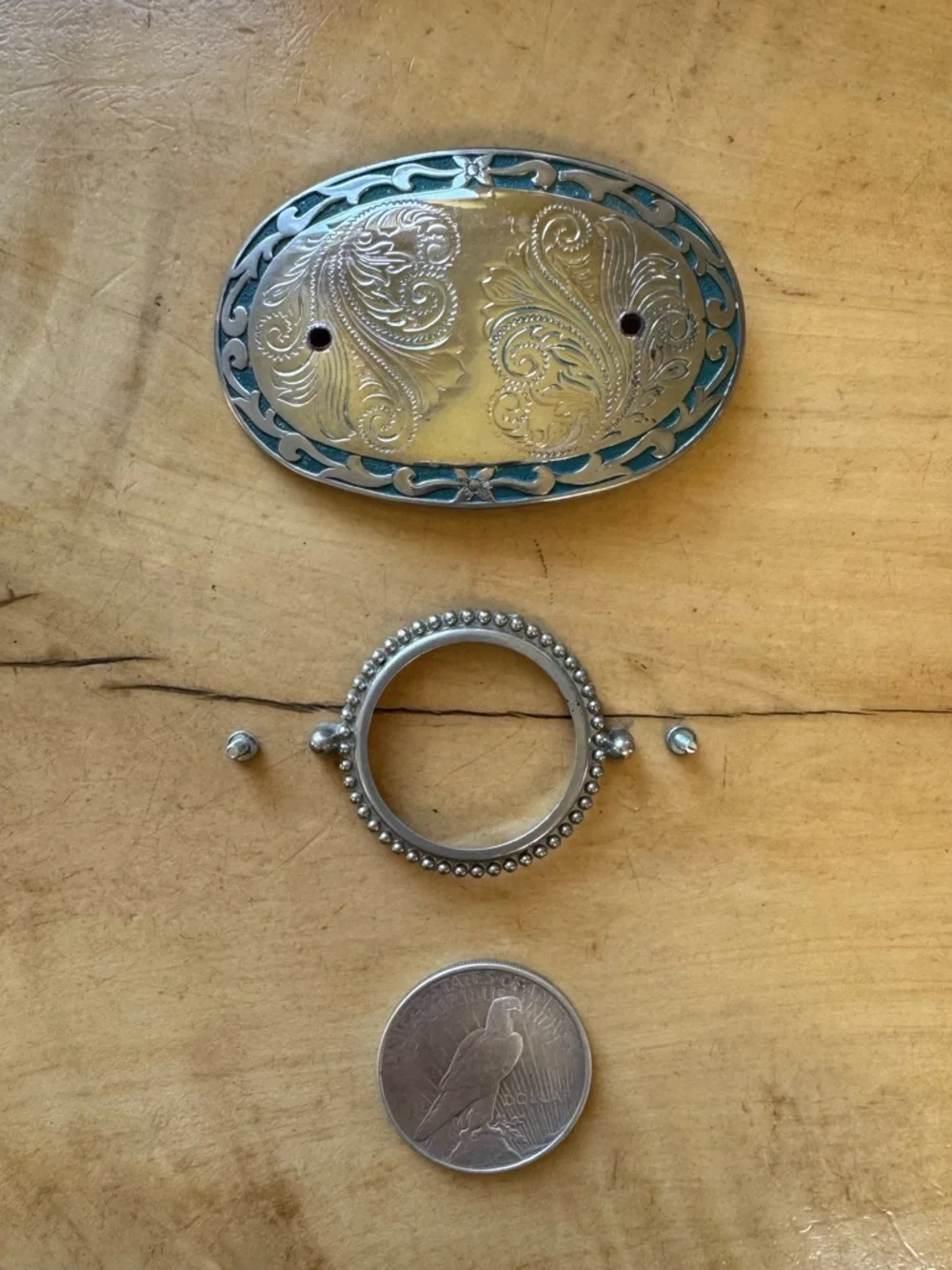 1923 SILVER $ BELT BUCKLE with GENUINE PEACE DOLLAR ADAPTABLE USA VINTAGE UNISEX